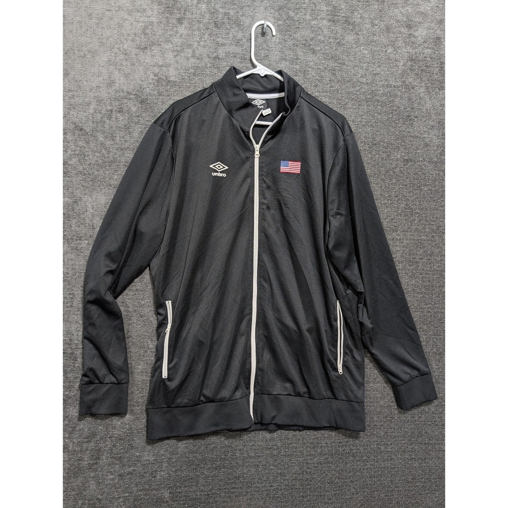 Umbro Mens XL Black Full Zip Track Jacket USA Flag Patch Athletic Soccer Coat